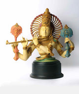Colourful brass Krishna bust on black base, four-armed, flute, painted details