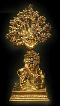 14-inch brass Krishna statue in tribhanga flute pose with ornate leaf tree