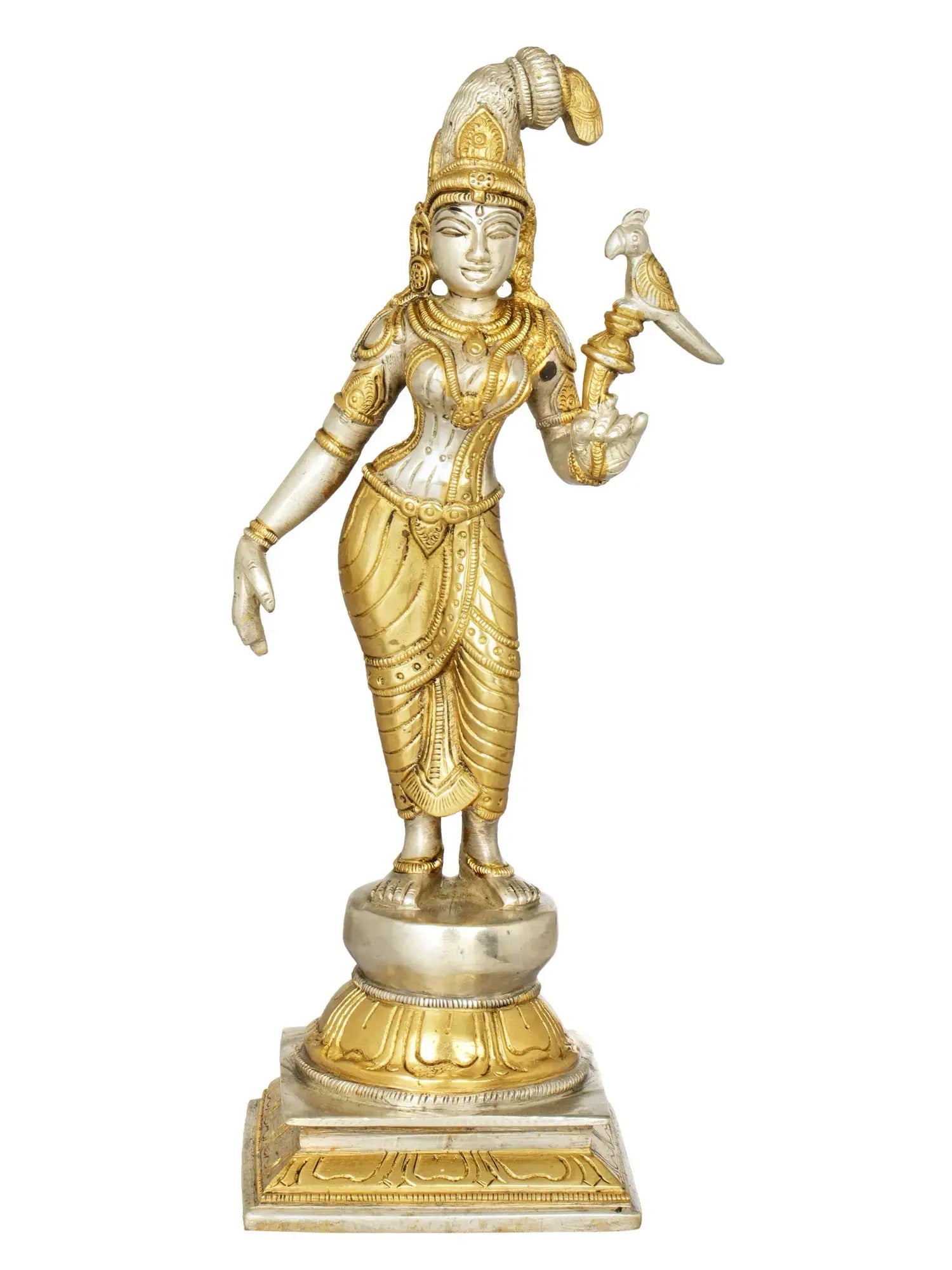 Brass Gold Silver Statue of Devi Andal Holding a Parrot 12 inches