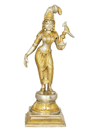 Andal devi brass statue holding a parrot, gold tone, 12-inch