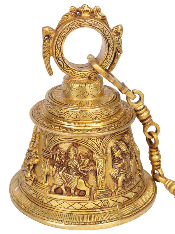 Brass Temple Hanging Bell with Images of Lord Shiva, Hanuman, Ganesha, Goddess Lakshmi, Durga and Radha Krishna| Handmade 7 inches