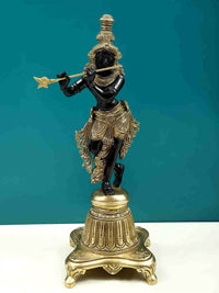 Lord Krishna brass statue on pedestal, black finish, flute in hand, front view