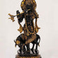 Brass Statue of Lord Venugopal (Krishna) Playing Flute with Cow, in Black and Gold 14 Inches