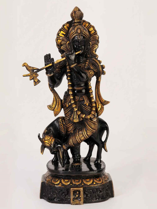 Brass Statue of Lord Venugopal (Krishna) Playing Flute with Cow, in Black and Gold 14 Inches