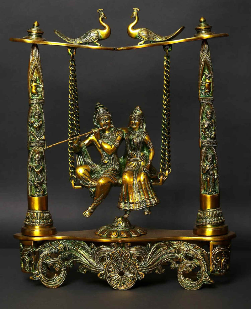 Greenish Gold Brass Statue of Radha Krishna on a Peacock Swing 18 Inches