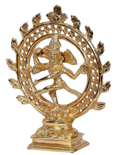 Gold-plated brass Dancing Shiva Nataraja idol, raised arms within ornate ring