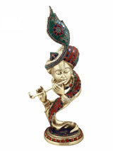 Brass Krishna flute figure with colorful inlay work, 20 in