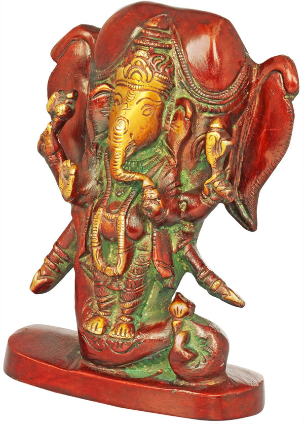 Brass Lord Ganesha Idol with an Elephant Head Backdrop 5 inches