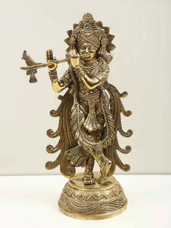 Natural brass Krishna statue, ornate crown, playing flute; 13-inch height