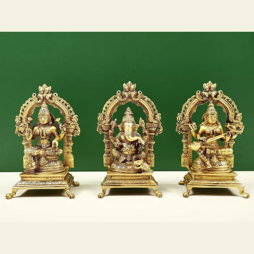 Brass trio statue set: Ganesha, Lakshmi and Saraswati, front view (8 in)