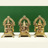 Brass trio statue set: Ganesha, Lakshmi and Saraswati, front view (8 in)