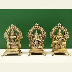 Brass trio statue set: Ganesha, Lakshmi and Saraswati, front view (8 in)