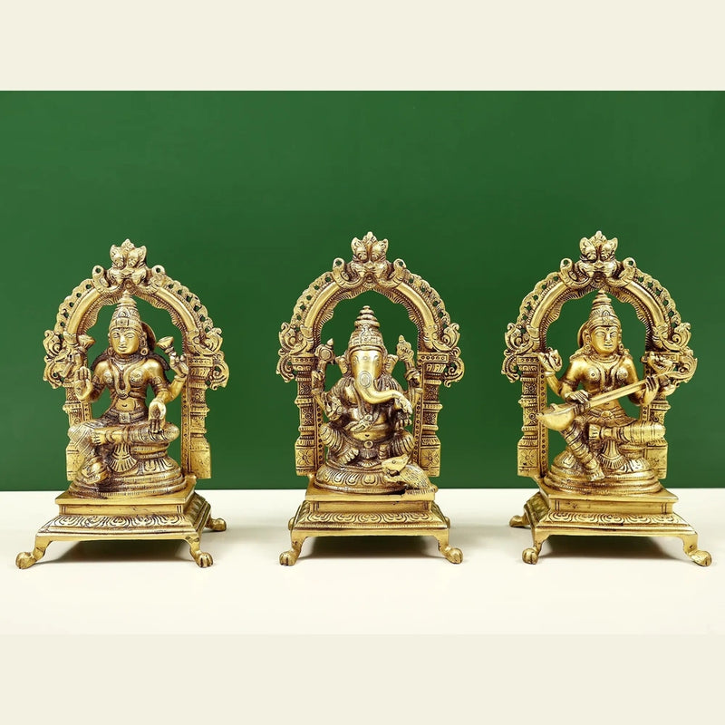 Brass trio Ganesha, Lakshmi and Saraswati statue (Height: 8 inches)