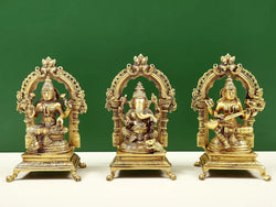 Brass Ganesha, Lakshmi and Saraswati , 8 inches