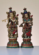 Handmade brass Radha-Krishna sculpture with colorful inlay, two standing figures, 20 in