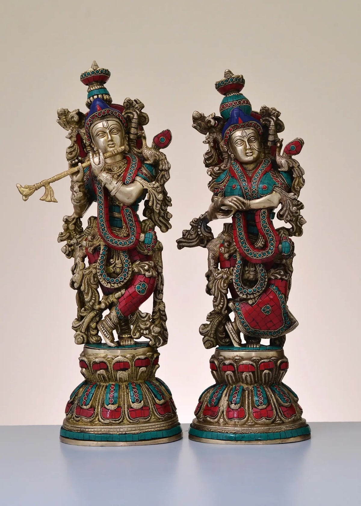 Handmade brass Radha-Krishna sculpture with colorful inlay, two standing figures, 20 in