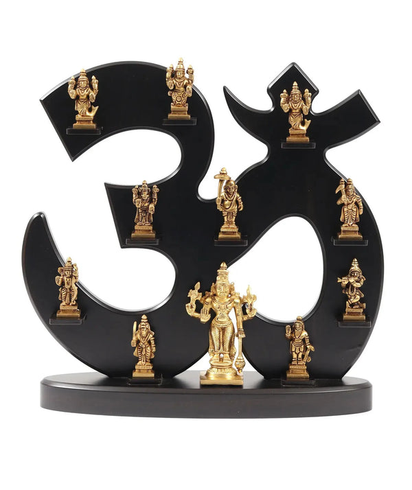 Brass Dashavatara Statue Set with Om-Shaped Wooden Frame 14 Inches