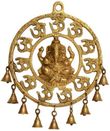 Gold-tone OM and Ganesha wall hanging with hanging bells, round design