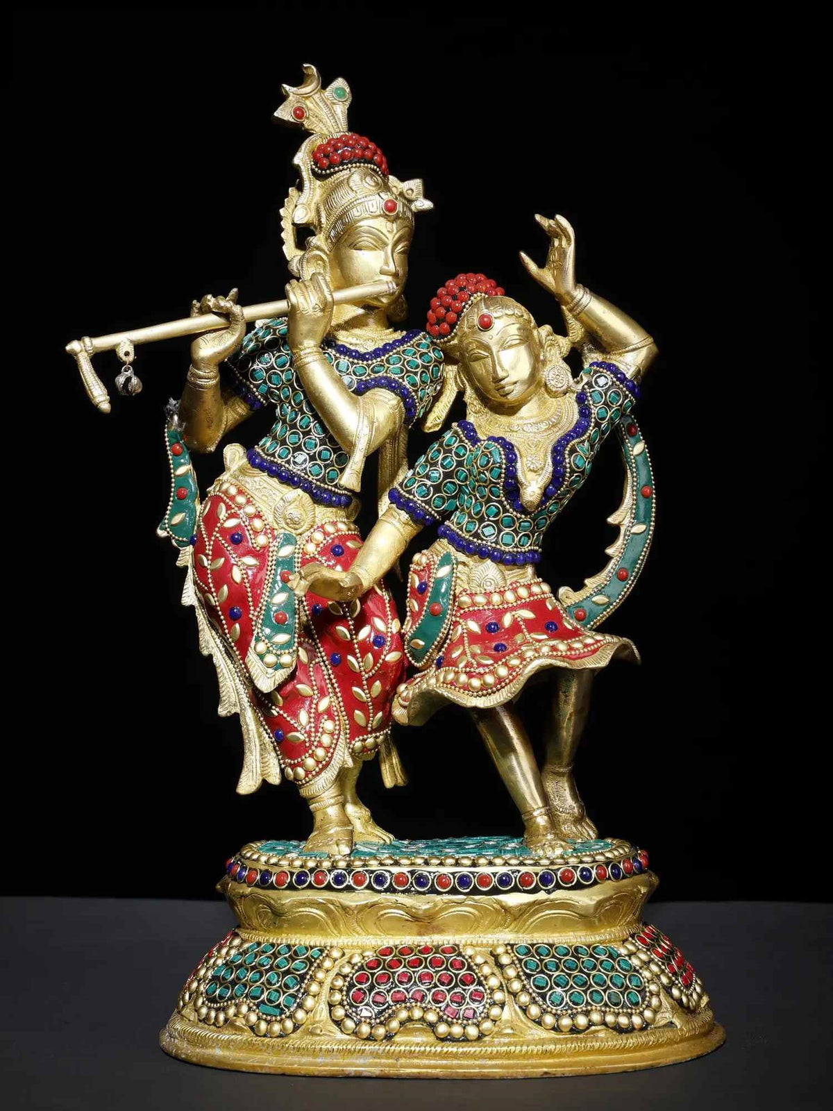 Brass Radha-Krishna dancing statue with colorful inlay work, 16 inches