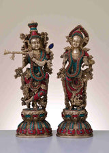 Radha Krishna brass statue with intricate inlay, jeweled details, 18 in