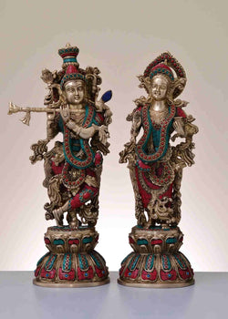 Brass Statue of Radha Krishna with Intricate Inlay Work 18 inches