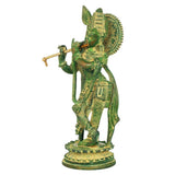 Green brass Krishna statue with flute raised, detailed jewelry, 11 inches