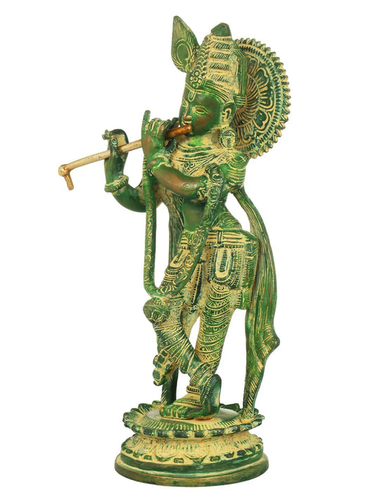 Handcrafted Green Chala Brass Krishna Statue 11 inches