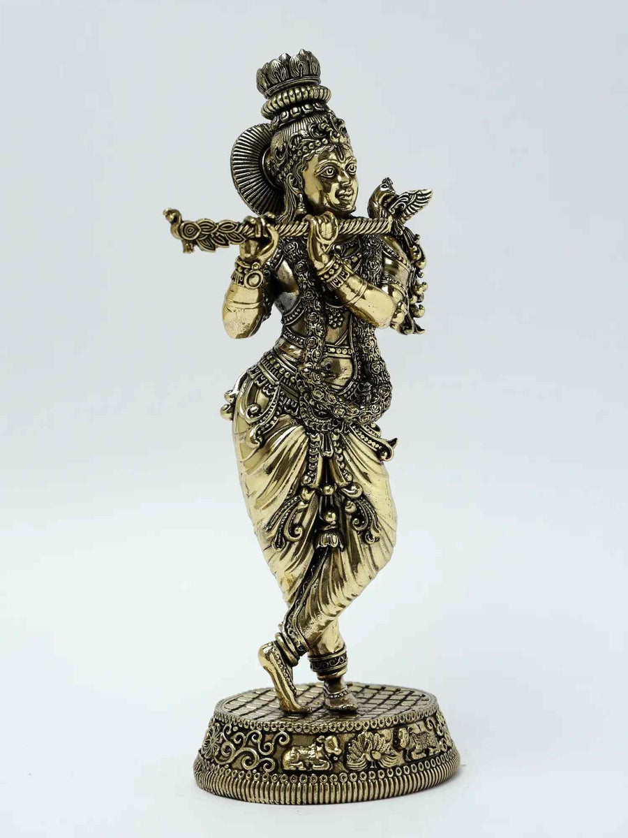 Exquisite Brass Statue of Lord Krishna Playing the Flute 9 inches Craft Detail