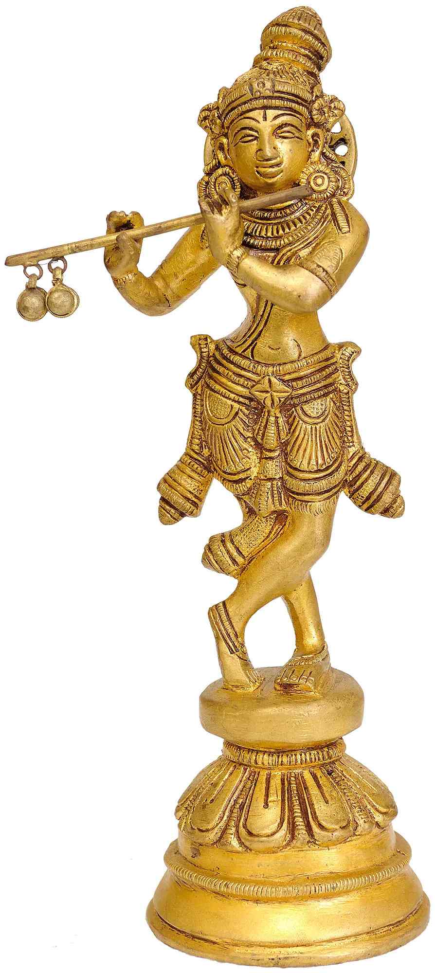 Brass Krishna statue playing flute, standing pose, detailed ornaments, 8-inch height