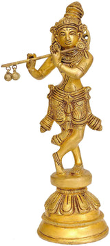 Brass Krishna statue playing flute, standing pose, detailed ornaments, 8-inch height