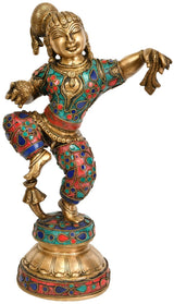 Dancing baby Krishna brass statue, jeweled blue red green enamel outfit, 11 inches