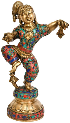 Dancing baby Krishna brass statue, jeweled blue red green enamel outfit, 11 inches