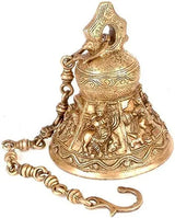 Brass Krishna hanging bell with ornate relief designs and side chain link