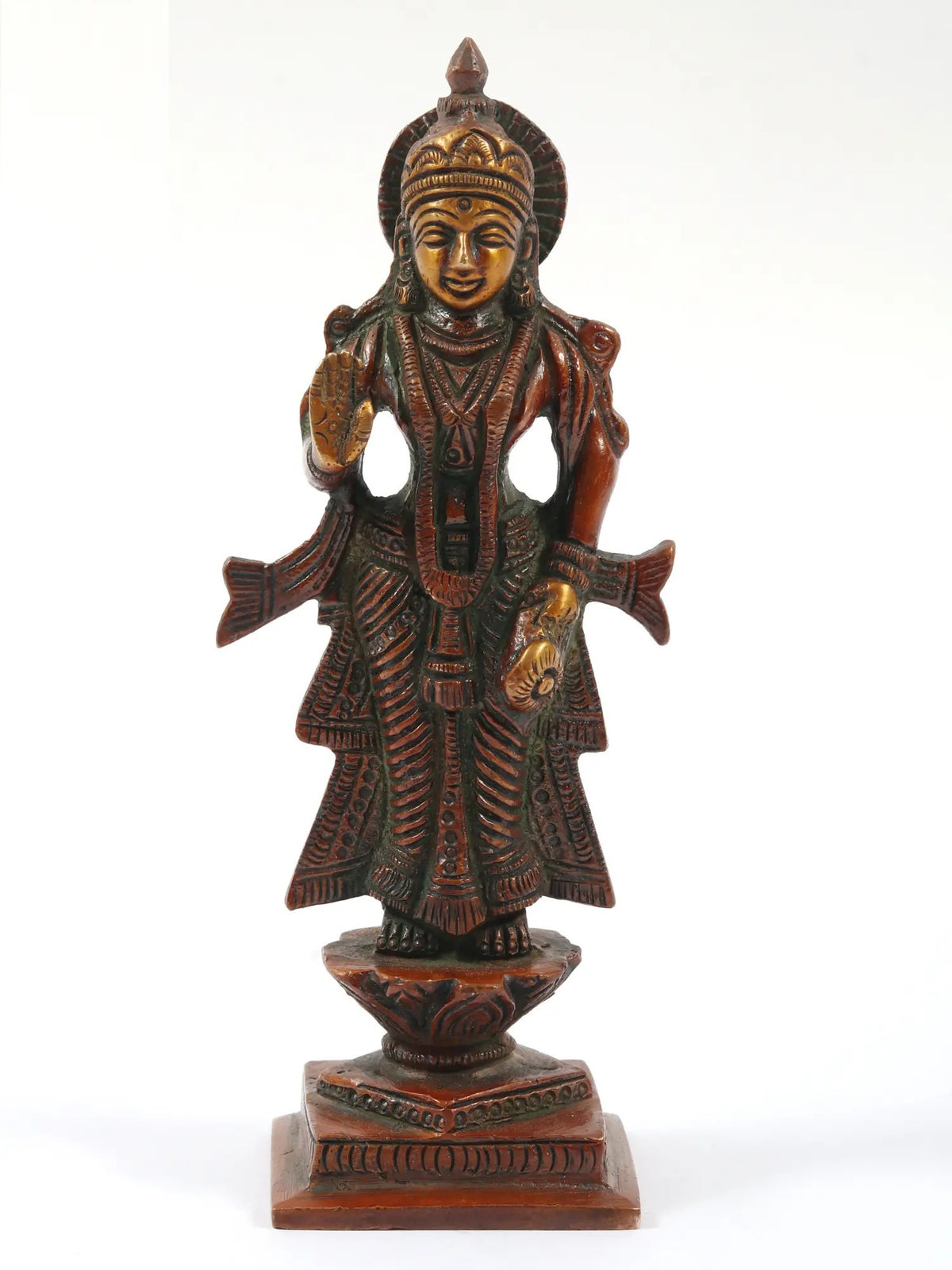 Antique brass Radha Ji statue with double chala, 5 inches