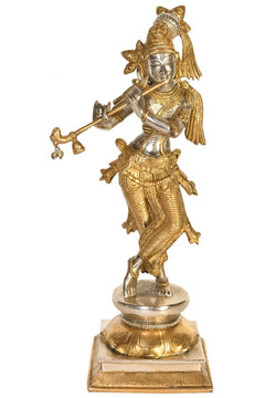 14-inch handmade brass Krishna statue playing the flute, detailed crown and ornaments