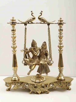 Handmade Brass Statue of Radha and Krishna on a Peacock-Perched Swing 15 inches