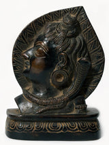 Small Lord Shiva head on leaf brass statue, dark oxidized finish, 4 in.