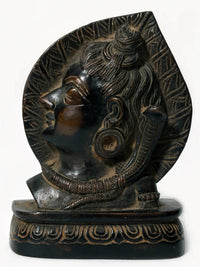 Small Lord Shiva head on leaf brass statue, dark oxidized finish, 4 in.
