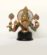 AONA Krishna brass bust with inlay work, colorful detailing on wooden base, 18 in