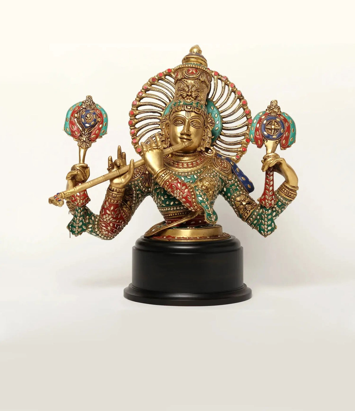 AONA Krishna brass bust with inlay work, colorful detailing on wooden base, 18 in