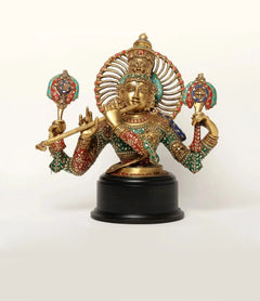 AONA Krishna brass bust with inlay work, colorful detailing on wooden base, 18 in
