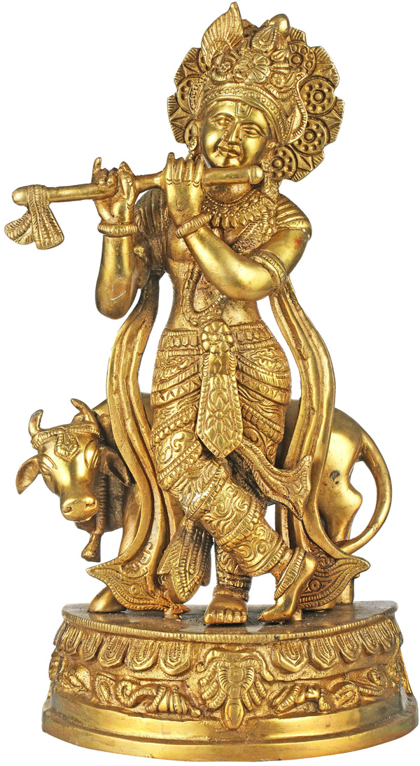 Handmade Brass Statue of Venugopala (Fluting Krishna with His Cow) 12 inches