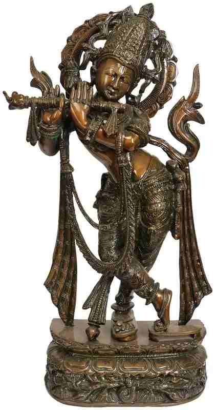 Handmade Chala Brass Statue of Venugopala (Flute-Playing Krishna) Wearing Khadau 22 INCHES