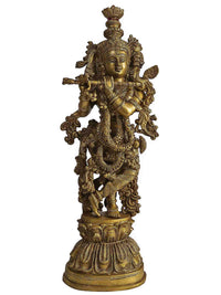 Handmade brass Murali Krishna statue, standing with ornate crown and flute
