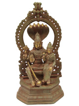 Antique brass Vishnu and Lakshmi statue, seated with decorative halo, 10-inch