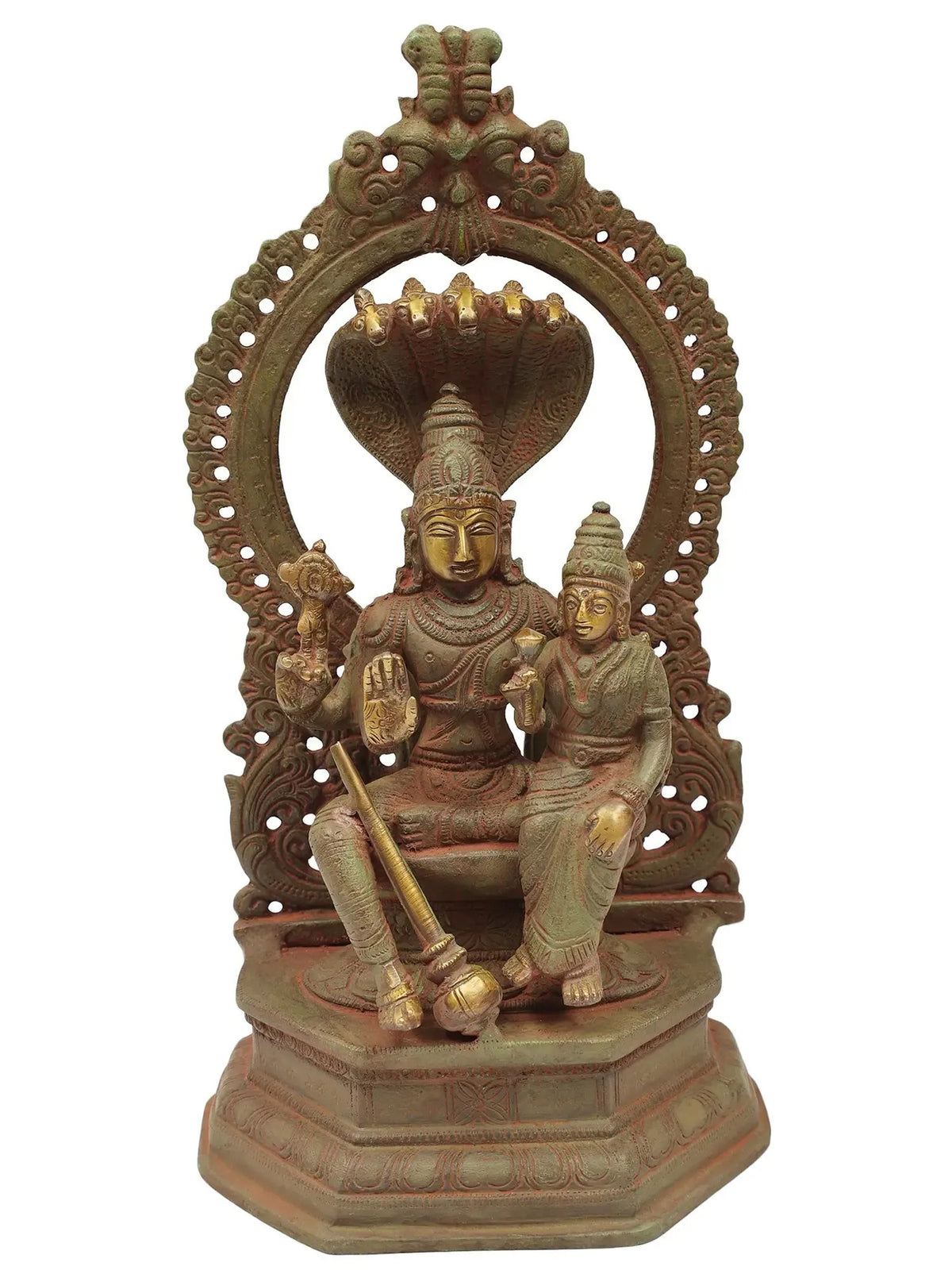 Antique brass Vishnu and Lakshmi statue, seated with decorative halo, 10-inch