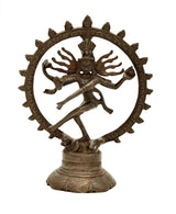 Antique brass Nataraja idol sculpture with circular halo and four arms, 8 inch