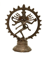 Antique brass Nataraja idol sculpture with circular halo and four arms, 8 inch