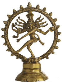 Nataraja brass sculpture with multi-armed deity in circular frame, 8 inch