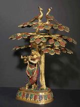 Brass Shri Krishna playing flute statue on round base, Kadamba tree with colorful inlay